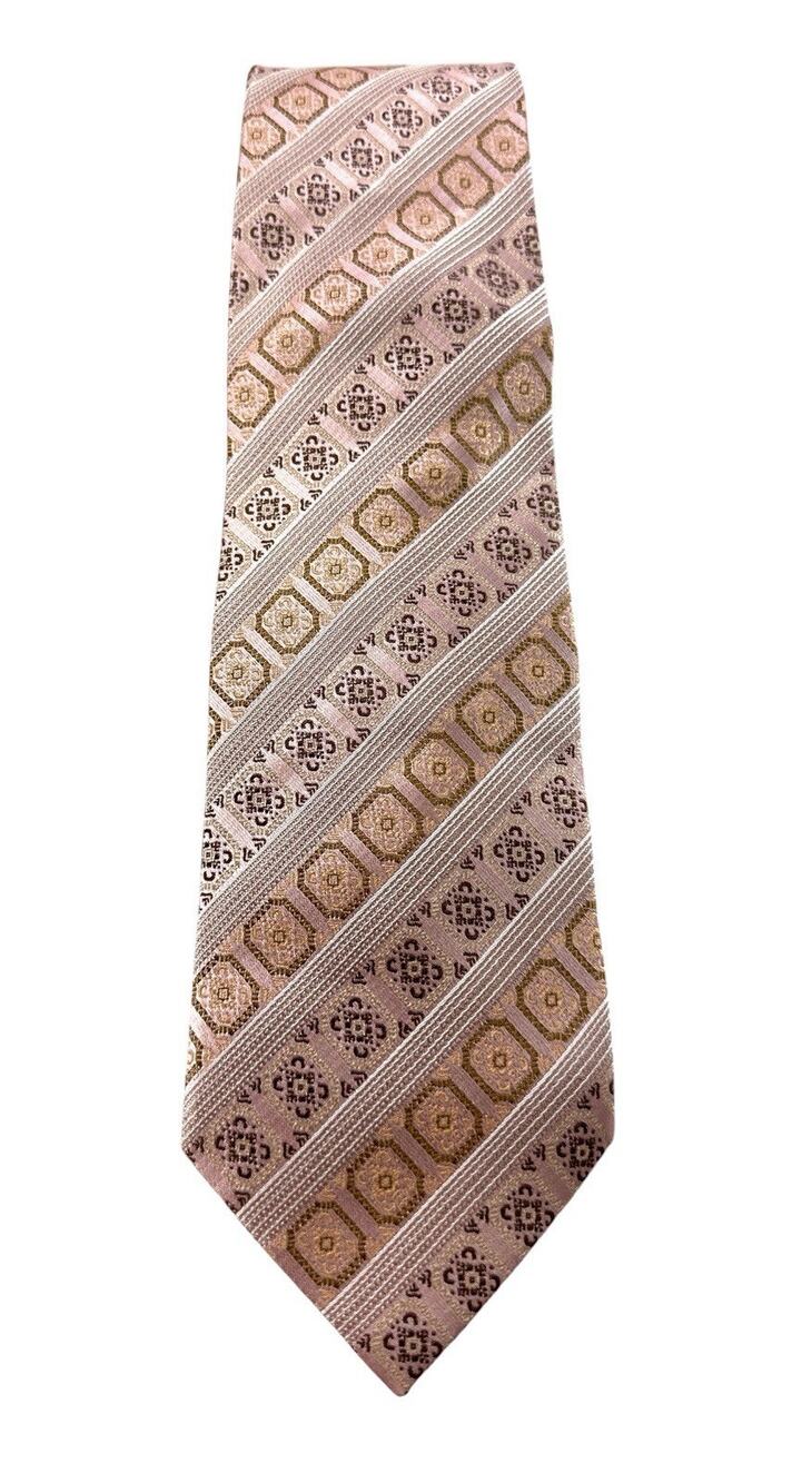 SetaZone Handmade 100% Silk Tie Pink Gold Geometric Stripe Standard Width NWOT
